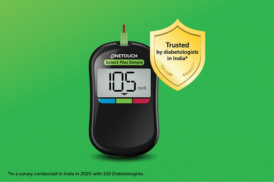 OneTouch Select Plus Simple Blood Glucose Meter showing blood glucose in range